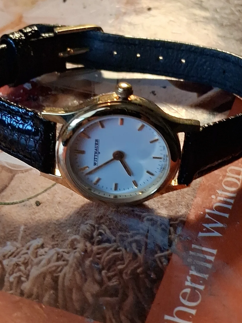 Women’s Gold-Tone Dress Watch with Black Leather Strap